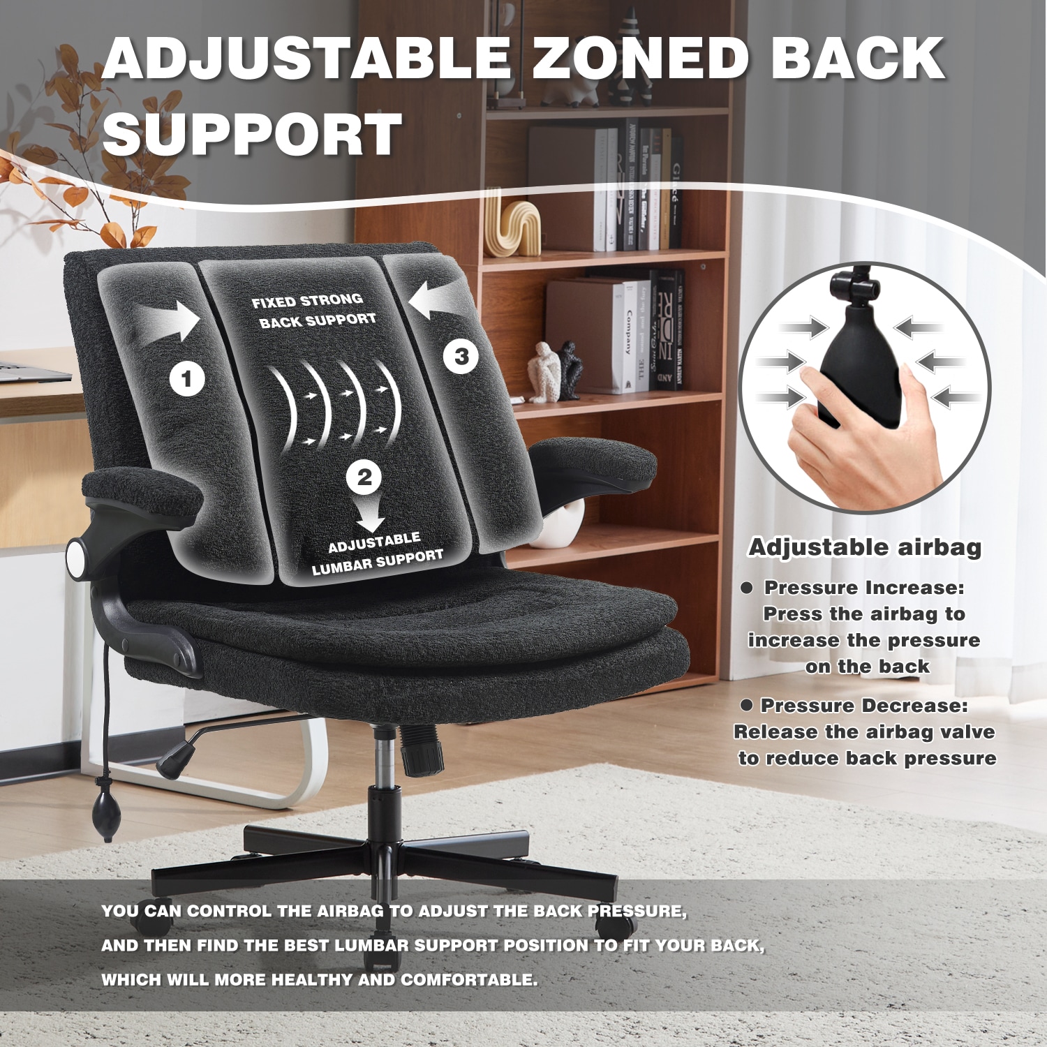 Ergonomic Office Chair With 2-in-1 Flip-Up Back, 25" Wide Seat, Airbag Lumbar Support, Flip-Up Armrests, Height Adjustable Towel Fabric Desk Chair_maomaolike.com